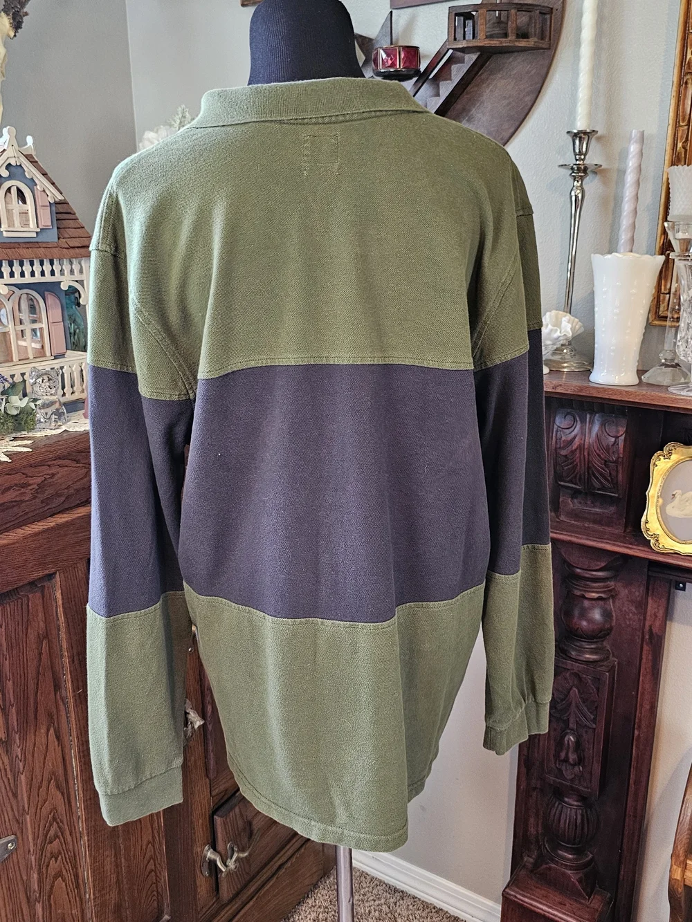 Levi's Relaxed Colorblock Rugby Polo Shirt Large Green Gray Long Sleeve